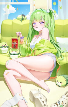 1girl absurdres ass bandaid bandaid_on_knee bandaid_on_leg bare_legs bare_shoulders brand_name_imitation chico_(yuzuha_riko) couch crocs food green_hair green_jacket grey_shorts highres jacket long_hair looking_at_viewer lying mouth_hold off_shoulder official_alternate_costume on_side one_side_up pocky purple_eyes reclining shirt short_shorts shorts sleeveless sleeveless_shirt solo stellive thighs tiokun7 toes virtual_youtuber white_shirt yuzuha_riko