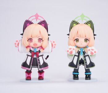 2girls 3d animal_ear_headphones animal_ears animal_hands arms_up black_shorts black_skirt black_thighhighs blonde_hair blue_archive blue_necktie bow bowtie cable cable_tail cat_ear_headphones cat_ears chibi chibi_only fake_animal_ears figure figure_(medium) frilled_jacket frills gloves green_eyes green_halo hair_bow halo headphones jacket long_sleeves low-tied_sidelocks marimo_jh mechanical_tail medium_hair midori_(blue_archive) momoi_(blue_archive) multiple_girls necktie paw_gloves photo_(medium) pink_bow pink_bowtie pink_eyes pink_halo shorts siblings sidelocks sisters skirt standing tail thighhighs twins white_jacket
