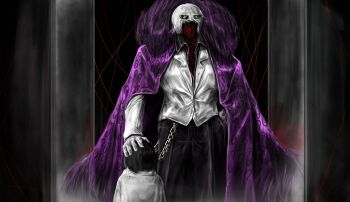 1boy 1girl absurdres aged_down coat commentary_request faceless gloves headpat hen_na highres korean_commentary limbus_company matthias_(project_moon) project_moon purple_coat red_rope rope ryoshu_(project_moon) shirt string string_of_fate sunglasses the_middle_(project_moon) white_gloves white_shirt