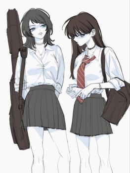 12thfog 2girls bang_dream! bang_dream!_it&#039;s_mygo!!!!! black_choker black_hair blue_eyes brown_hair choker commentary_request dress_shirt grey_skirt guitar_case highres instrument_case instrument_on_back korean_commentary long_hair mole mole_under_eye multiple_girls necktie open_mouth purple_eyes red_necktie shiina_taki shirt skirt yahata_umiri