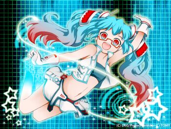 1girl arihato blue_eyes blue_hair blue_tube_top collared_jacket commentary_request copyright_notice glasses gloves gradient_eyes gradient_hair jacket long_hair looking_at_viewer multicolored_eyes multicolored_hair official_art open_mouth red-framed_eyewear red_eyes red_hair shorts smile solo strapless teeth tube_top twintails upper_teeth_only white_gloves white_jacket white_shorts wixoss
