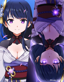 1girl artist_name blue_sky blunt_bangs breasts cleavage closed_mouth clothing_cutout commentary genshin_impact glowing glowing_eyes highres huge_breasts japanese_clothes kouga_(hipporit) light_smile long_hair looking_at_viewer mitsudomoe_(shape) neck_ribbon off_shoulder outdoors purple_eyes purple_hair raiden_shogun red_ribbon red_sash ribbon sash shoulder_cutout sky solo tomoe_(symbol) upper_body upside-down