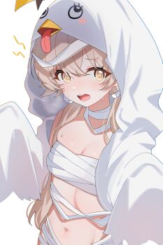 1girl @_@ absurdres blue_archive breasts brown_hair commentary ghost_costume halloween_costume hifumi_(blue_archive) highres long_hair looking_at_viewer low_twintails navel open_mouth peroro_(blue_archive) shusuchii simple_background small_breasts solo symbol-only_commentary teeth twintails upper_teeth_only white_background yellow_eyes