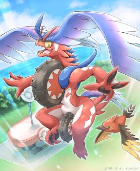 1other absurdres bird cloud colored_sclera dated fletchinder flying from_above full_body furry gen_6_pokemon highres katkichi koraidon nintendo open_mouth orange_eyes outdoors pawpads pokemon pokemon_(creature) signature webbed_hands wing_ears yellow_sclera