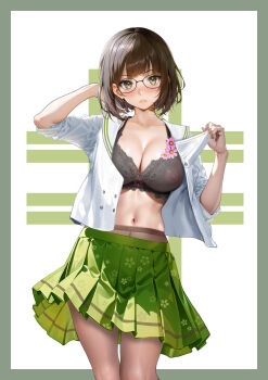 1girl ayase_shichikai black-framed_eyewear black_bra blush border bra breasts brown_hair brown_pantyhose cleavage collarbone commentary_request contrapposto covered_erect_nipples feet_out_of_frame floral_print floral_print_skirt flower_bra glasses green_border green_eyes green_skirt hand_in_own_hair hands_up highres lace lace-trimmed_bra lace_trim large_breasts large_variant_set lingerie lips looking_at_viewer miniskirt nijisanji open_clothes open_shirt outside_border pantyhose parted_lips pleated_skirt print_skirt sailor_collar see-through_bra see-through_clothes seto_miyako seto_miyako_(1st_costume) shirt short_hair skirt sleeves_rolled_up small_sweatdrop solo standing stomach underwear undressing variant_set virtual_youtuber white_background white_sailor_collar white_shirt