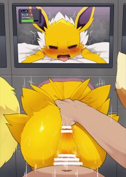 1boy anal_fingering animal_sexualization anus ass bestiality blush censored dagasi eevee fangs fingering flareon gameplay_mechanics gen_1_pokemon glory_wall health_bar highres jolteon motion_lines nintendo open_mouth pokemon pokemon_(creature) pokephilia pov pussy screen sex speed_lines tail tears through_wall yellow_fur