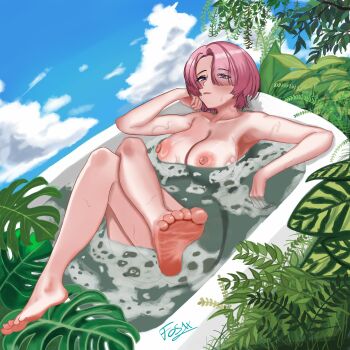 Rule 34 | absurdres, arimura mao, bath, bathtub, breasts, fos1x, gakuen idolmaster, highres, idolmaster, large breasts, nipples, pink hair, soles, wet