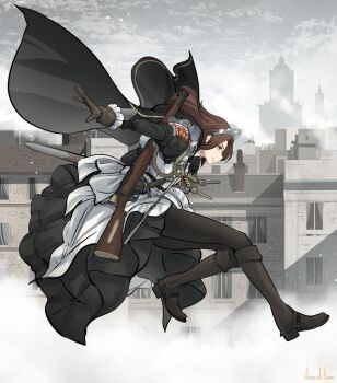Rule 34 | 1girl, apartment, asterisk kome, black cape, blue eyes, bolt action, brown hair, building, cape, city, commentary request, full body, gina wallace, gun, gun sling, heroes of order, japanese clothes, jumping, lee-enfield, maid, parkour, rifle, sheath, sheathed, solo, sword, wa maid, weapon, weapon on back, window