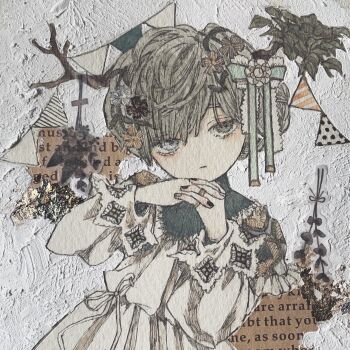 1girl acrylic_paint_(medium) black_nails blunt_bangs brown_eyes brown_hair commentary_request dress english_text expressionless flower hair_flower hair_ornament hair_ribbon hand_on_own_chin hashtag-only_commentary highres karintoun long_sleeves looking_at_viewer original own_hands_together painting_(medium) pale_skin plant ribbon short_hair sticker traditional_media upper_body watercolor_(medium) white_background