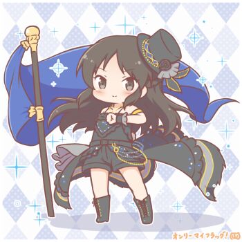 1girl argyle_background bare_shoulders black_camisole black_flower black_hair black_hat black_rose black_shorts blush camisole chibi closed_mouth commentary_request flag flower frills grey_eyes hat hat_flower idolmaster idolmaster_cinderella_girls idolmaster_cinderella_girls_starlight_stage long_hair mitarashi_neko rose shadow shorts smile solo standing tachibana_arisu tilted_headwear v-shaped_eyebrows very_long_hair wrist_cuffs