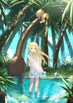 1girl absurdres alolan_exeggutor alolan_form alolan_vulpix blonde_hair blunt_bangs blunt_ends blush braid closed_mouth commentary_request day dot_nose dress eredhen fangs floating_hair forest gen_7_pokemon green_eyes highres light_rays lillie_(pokemon) long_hair looking_at_viewer low_twin_braids nature nintendo open_mouth outdoors palm_tree pokemon pokemon_(creature) pokemon_sm skirt_hold sleeveless sleeveless_dress smile solo sunbeam sundress sunlight tree twin_braids wading water white_dress