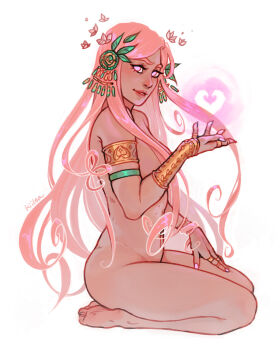1girl aphrodite_(hades) armlet bracer commentary completely_nude dark-skinned_female dark_skin earrings english_commentary flower from_side hades_(series) hades_2 highres jewelry kiilea long_hair looking_at_viewer multiple_rings no_pupils nude pink_eyes pink_flower pink_hair ring simple_background smile soles solo very_long_hair white_background