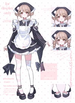 1girl absurdres apron artist_name black_headscarf black_kimono black_shoes blush brown_eyes brown_hair full_body headscarf highres japanese_clothes kimono long_sleeves loobookk looking_at_viewer multiple_views original parted_lips polka_dot polka_dot_headwear polka_dot_kimono shoes short_hair standing striped_clothes striped_thighhighs thighhighs white_apron white_background white_thighhighs wide_sleeves