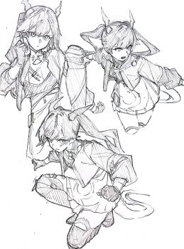 1girl arknights arknights:_endfield badge button_badge chen_qianyu_(arknights) determined dragon_girl dragon_horns dragon_tail gloves graphite_(medium) greyscale highres horns jacket knee_up long_sleeves looking_at_viewer medium_hair monochrome multiple_views on_one_knee open_clothes open_jacket pointy_ears senpuki sketch skirt sleeves_rolled_up standing tail traditional_media twintails