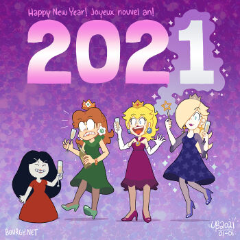2021 4girls alcohol annoyed black_hair blonde_hair blue_dress blue_eyes brown_hair cup dress drinking_glass earrings flower_earrings full_body green_dress grin hair_over_one_eye happy_new_year height_difference high_heels holidays jewelry legs lipstick looking_at_viewer makeup mario_(series) multiple_girls new_year nintendo pantyhose princess_daisy princess_peach purple_dress red_dress retro_(daisy) rosalina smile star_(symbol) star_earrings super_mario_bros._1 super_mario_galaxy super_mario_land thebourgyman wand wine wine_glass