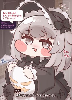 1girl absurdres black_bow black_bowtie black_dress blush_stickers bow bowtie commentary_request dress espi_(trickcal) flying_sweatdrops grey_eyes grey_hair highres holding holding_mask looking_at_viewer mask open_mouth regain_(regain_illust) solo sound_effects sweatdrop tears translation_request trickcal