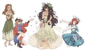 Rule 34 | 4girls, ^ ^, absurdres, ahoge, barcarola (reverse:1999), bare arms, barefoot, beamed sixteenth notes, black skirt, blue dress, blue eyes, blue neckerchief, blue shirt, boots, bowl, braid, braided sidelock, brown boots, brown hair, chinese commentary, clam shell, clapping, closed eyes, commentary request, conch, dixie cup hat, dress, eighth note, facing another, fatutu, fine art parody, flower, gloves, green dress, hair flower, hair ornament, halter shirt, halterneck, hand up, hat, hibiscus, highres, holding, holding bowl, jacket, jewelry, leaf hair ornament, long braid, long dress, long hair, long skirt, looking at viewer, midriff, military hat, multiple girls, musical note, musical note print, neckerchief, necklace, newsboy cap, on one knee, open mouth, outstretched arms, pantyhose, parody, pink flower, polka dot neckerchief, red hair, red jacket, red socks, regulus (reverse:1999), reverse:1999, rokilly, sailor collar, shell, shell bracelet, shell necklace, shirt, short dress, short hair, skirt, sleeveless, sleeveless shirt, smile, socks, standing, strapless, strapless dress, sunglasses, the birth of venus, throwing, treble clef, very long hair, white background, white dress, white flower, white gloves, white hat, white pantyhose, white skirt