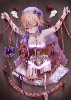 1girl absurdres against_wall ahoge amputee arms_up beret blood blood_from_mouth bone bow breasts brown_background collarbone commentary_request commission corpse double-parted_bangs double_amputee empty_eyes entrails ero_guro frills full_body gem glowing glowing_eyes guro hair_between_eyes hair_flaps hair_over_shoulder hat hat_bow heart highres hood hood_down idolmaster idolmaster_cinderella_girls intestines kidney large_intestine legless_amputee liver long_hair long_sidelocks looking_down mini_wings multicolored_hair musical_note nail_(hardware) ninomiya_asuka nipples no_pupils nude nuno_kire orange_hair organs ovaries pelvis pink_eyes pixiv_commission plaid_bow purple_bow purple_gem purple_hair purple_hat sidelocks simple_background small_breasts small_intestine solo spade_(shape) spinal_cord standing sweat two-tone_hair uterus very_long_hair white_wings wings wooden_wall