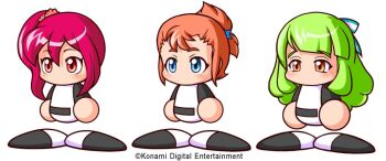 Rule 34 | 3girls, artist request, baseball uniform, black shirt, black shoes, blue bow, bow, copyright notice, folded ponytail, hair between eyes, hair bow, hair ornament, hasshaku fumiko, jikkyou powerful pro yakyuu, jikkyou powerful pro yakyuu (style), kogarashi ryou, misono chika, multicolored bow, multicolored shirt, multicolored shoes, multiple girls, no mouth, official art, power pro appli, rayman limbs, shirt, shoes, side ponytail, sportswear, striped bow, two-tone shirt, two-tone shoes, white background, white bow, white shirt, white shoes