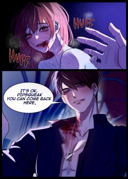 1boy 1girl allitems000 aphrodisiac blood blood_from_mouth blood_on_neck blush brown_hair caleb_(love_and_deepspace) couple dog_tags english_text hair_between_eyes heavy_breathing hetero highres long_hair looking_at_another love_and_deepspace open_clothes open_shirt outstretched_hand parted_lips protagonist_(love_and_deepspace) purple_eyes red_eyes short_hair sweatdrop upper_body