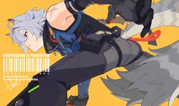 1boy ahoge animal_ear_fluff animal_ears arm_support barcode bare_shoulders black_gloves black_jacket black_pants cat_boy cat_ears cat_tail closed_mouth english_text from_side gloves grey_pants hair_between_eyes hal_7gkn hashtag-only_commentary jacket male_focus multicolored_panties panties pants police police_badge police_uniform policeman pouch purple_eyes scar scar_on_shoulder seth_lowell short_hair sleeveless sleeveless_jacket solo tail underwear white_hair white_tail yellow_background zenless_zone_zero zipper