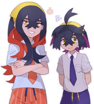 1boy 1girl alternate_costume arms_behind_back black_hair carmine_(pokemon) chiimako closed_mouth collared_shirt colored_inner_hair crossed_arms crossed_bangs eyelashes hair_between_eyes hairband kieran_(pokemon) long_hair looking_at_viewer mole mole_on_neck mole_under_eye multicolored_hair naranja_academy_school_uniform necktie nintendo open_mouth orange_necktie orange_shorts pokemon pokemon_sv purple_hair purple_necktie purple_shorts red_hair school_uniform shirt short_hair short_sleeves shorts smile two-tone_hair uva_academy_school_uniform white_shirt yellow_eyes yellow_hairband