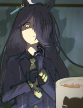 1girl adjusting_clothes adjusting_gloves ahoge animal_ears animal_print black_coat black_gloves black_shirt cat_print closed_mouth coat collared_shirt cup ear_ornament ear_tag earrings frown gloves hair_over_one_eye highres horse_ears horse_girl jewelry long_bangs long_sleeves manhattan_cafe_(umamusume) mug multicolored_hair necktie open_clothes open_coat rainfloppo shaded_face shirt single_earring solo split_mouth umamusume white_hair yandere yellow_necktie