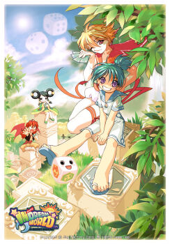 1boy 3girls ahoge anime_coloring aqua_sailor_collar aqua_sandals aqua_skirt baggy_pants bandaged_foot bandaged_leg bandages black_eyes blonde_hair blouse blue_sky blush_stickers border brown_vest bubble_skirt card character_request chin-mei chinese_clothes company_name copyright_name dice english_text flame_print flip-flops gold_ring grass green_hanfu green_shoes green_sleeves hair_ornament hair_rings half_updo hanfu hanie_(in_dream_world) high_ponytail holding holding_card in_dream_world jewelry jpeg_artifacts large_collar leaf_print leg_ribbon logo looking_at_another low-tied_sidelocks medium_skirt mountain multiple_girls necklace no_shirt ocean official_alternate_costume official_art outdoors outstretched_hand pants paw_print platform_shoes playing_card ponytail popcorn_kang print_sleeves purple_eyes red_hair red_ribbon red_sailor_collar red_sash red_wings ribbon sailor_collar sandals sash second-party_source shade shirt shoes sidelocks skirt sky small_pupils smile sun tareme tears teeth temple toes tongue tsurime vest white_border white_skirt wings yellow_pants