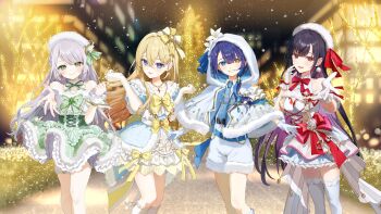 4girls absurdres bare_shoulders black_hair blonde_hair blue_dress blue_eyes blue_necktie blunt_bangs bow bowtie capelet cocoluce collared_shirt colored_inner_hair commentary_request commission corset dress earrings elbow_gloves feet_out_of_frame flower frilled_dress frilled_wrist_cuffs frills fur-trimmed_capelet fur-trimmed_dress fur-trimmed_headwear fur-trimmed_hood fur-trimmed_shorts fur_trim gloves glowing green_bow green_corset green_dress green_eyes green_ribbon grey_hair hair_ornament hair_ribbon hands_up hanenone_cocone hat heterochromia highres hood hood_up hooded_capelet jewelry kahatare_misumi layered_dress long_hair looking_at_viewer low-tied_long_hair low_ponytail multicolored_dress multicolored_hair multiple_girls necktie night off-shoulder_dress off_shoulder open_mouth parted_lips plaid_bow plaid_clothes plaid_dress plaid_ribbon pom_pom_(clothes) pom_pom_earrings ponytail purple_hair red_bow red_bowtie red_eyes red_ribbon ribbon roena rouren_anjyu shirt shorts sleeveless sleeveless_dress smile thighhighs virtual_youtuber white_capelet white_dress white_flower white_gloves white_hat white_hood white_shirt white_shorts white_thighhighs white_wrist_cuffs window_light wing_hair_ornament wrist_cuffs yellow_bow yellow_eyes yellow_ribbon yonaga_akina