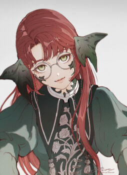 1girl animal_ears au_ra dot_nose dragon_ears dragon_girl dress eyewear_strap final_fantasy final_fantasy_xiv floral_print glasses green_dress green_eyes halmarut_(ff14) highres long_hair looking_at_viewer mugi_kosuta puffy_sleeves red_hair round_eyewear scales simple_background smile solo white_background
