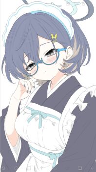 1girl alternate_costume apron art_program_in_frame black_hair black_halo black_kimono black_nails blue-framed_eyewear blue_archive blush breasts brown_hair chihiro_(blue_archive) closed_mouth commentary enmaided eyelashes frilled_apron frills glasses grey_eyes hair_behind_ear hair_between_eyes hair_ornament halo hand_up highres ibispaint_(medium) japanese_clothes kimono large_breasts long_sleeves looking_at_viewer maid maid_apron maid_headdress multicolored_hair nail_polish rabbit_hair_ornament semi-rimless_eyewear short_hair smile solo streaked_hair tsurime upper_body wa_maid wa_sumi white_apron wide_sleeves