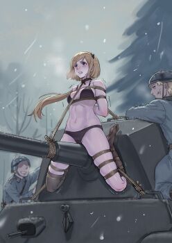 Rule 34 | 1girl, 2boys, absurdres, arms behind back, bdsm, belt, black bra, black socks, black thighhighs, blonde hair, bondage, bound, bra, breasts, cameltoe, clenched teeth, combat helmet, fallschirmhelm, frogtie, german army, girls' frontline, helmet, highres, long hair, m3 (girls' frontline), medium breasts, military combat uniform, military uniform, military vehicle, motor vehicle, multiple boys, navel, open mouth, outdoors, pleated skirt, purple eyes, restrained, root001, separated legs, shibari, shibari over clothes, single sock, single thighhigh, skindentation, skirt, snowing, socks, soldier, stomach, tank, teeth, thighhighs, underwear, very long hair, wehrmacht, winter