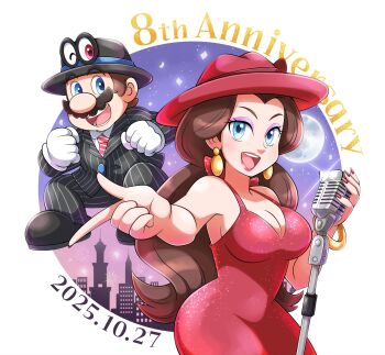 1boy 1girl aogaeru_(pixiv46613656) bare_shoulders blue_eyes breasts brown_hair cappy_(mario) facial_hair hat highres large_breasts long_hair long_sleeves looking_at_viewer mario mario_(series) microphone moon mustache necktie night nintendo pants pauline_(mario) short_hair sky sleeveless super_mario_odyssey teeth