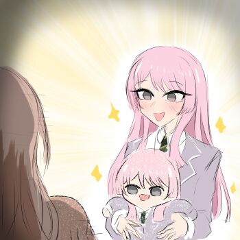 Rule 34 | 2girls, absurdres, bang dream!, bang dream! it's mygo!!!!!, blush, brown hair, character doll, chihaya anon, chinese commentary, commentary request, doll, fang, grey eyes, grey jacket, haneoka school uniform, highres, jacket, jo8blhrvkta6duw, long hair, long sleeves, multiple girls, nagasaki soyo, open mouth, pink hair, school uniform, skin fang