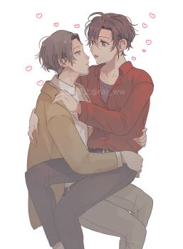 2boys ahoge alternate_costume alternate_hair_length alternate_hairstyle alternate_universe amana_raika belt black_belt black_pants brown_coat brown_hair coat collared_shirt contemporary couple grey_eyes grey_pants grey_shirt hand_on_another&#039;s_hip hand_on_another&#039;s_shoulder heart highres hug invisible_chair lan_wangji long_sleeves looking_at_another male_focus modao_zushi multiple_boys open_mouth pants parted_lips profile red_shirt shirt short_hair simple_background sitting sitting_on_lap sitting_on_person smile twitter_username undershirt watermark wei_wuxian white_background white_shirt yaoi yellow_eyes