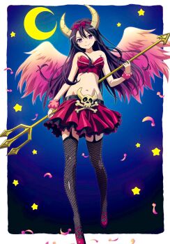 1girl bare_shoulders black_hair boku_wa_tomodachi_ga_sukunai border bow breasts cleavage closed_mouth collarbone crescent feathered_wings feathers fishnet_thighhighs fishnets frilled_skirt frills full_body garter_straps hair_bow highres holding holding_polearm holding_weapon horns long_hair lowleg lowleg_skirt mikazuki_yozora navel official_art outside_border pink_shoes pink_wings polearm purple_eyes red_bow red_skirt red_tank_top scrunchie shoes skirt skull_and_crossbones small_breasts smile solo standing star_(symbol) tank_top thighhighs trident watanabe_yoshihiro weapon white_border white_wings wings wrist_scrunchie