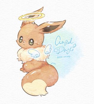 Rule 34 | angel wings, animal focus, brown fur, closed mouth, dated, dot mouth, eevee, fluffy, full body, gen 1 pokemon, grey eyes, halo, hashtag-only commentary, highres, looking at viewer, miketoevecan, neck fur, nintendo, no humans, pokemon, pokemon (creature), pokemon focus, simple background, sitting, solo, white background, wings, yellow fur, yellow halo