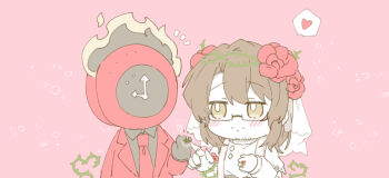 Rule 34 | 1boy, 1other, absurdres, alternate costume, arm vines, beard stubble, black-framed eyewear, black-framed glasses, black fire, black gloves, black sash, black shirt, blush, bridal veil, brown hair, buttons, capelet, chibi, clock, closed mouth, coat, collared shirt, crown of thorns, dante (limbus company), diamond (shape), diamond button, dress, e.g.o (project moon), expressionless, facial hair, fire, flower, flower ring, flower wreath, formal clothes, garden of thorns (e.g.o), gauntlet, gauntlets, glasses, gloves, gregor (project moon), hair between eyes, hair flower, hair intakes, hair ornament, hair vines, hairband, head wreath, heart, highres, jewelry, jitome, lily26983455, limbus company, long hair, long sleeves, looking at another, male bride, male focus, necktie, notice lines, object head, official alternate costume, parted bangs, pink background, plant, project moon, red coat, red flower, red necktie, red rose, red strips, ring, rose, rose ring, sanpaku, sash, semi-rimless eyewear, shirt, shoulder sash, sidelocks, simple background, single gauntlet, single glove, speech bubble, spoken heart, stubble, suit, thorns, torn capelet, torn clothes, torn dress, turtleneck, turtleneck dress, under-rim eyewear, upper body, veil, vines, waist sash, wedding band, wedding ring, white buttons, white capelet, white dress, white gloves, white sash, yaoi, yellow eyes, yellow fire