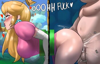 1boy 1girl ass blonde_hair blush bottomless breasts clothed_female_nude_male crown cum cum_in_pussy dress earrings echo_saber elbow_gloves english_text fat fat_man fucked_silly gloves hand_on_another&#039;s_ass heart hetero highres huge_ass jewelry large_breasts long_hair mario mario_(series) nintendo nude penis pink_dress princess_peach sex sex_from_behind spoken_heart standing standing_sex stuck super_mario_bros._1 testicles thick_thighs thighs through_wall vaginal white_gloves