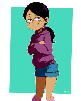1girl black_eyes black_hair border crossed_arms dark-skinned_female dark_skin feet_out_of_frame female_focus freckles green_background highres hood hood_down hoodie jcm2 long_hair looking_at_viewer outside_border parted_bangs pink_socks ponytail purple_hoodie ronnie_anne_santiago shorts small_hips smile socks solo source_request standing teeth the_casagrandes the_loud_house white_border