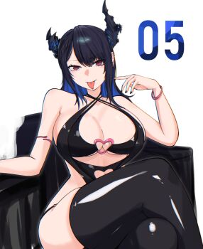 1girl absurdres asymmetrical_horns bare_shoulders black_hair black_nails blue_hair blush breasts chair cleavage colored_inner_hair crystal_horns demon_costume demon_girl demon_horns flower heart heart_o-ring highres hololive hololive_english horn_flower horns large_breasts long_hair looking_at_viewer mole mole_under_eye multicolored_hair nerissa_ravencroft o-ring on_chair open_mouth p_protocoll red_eyes simple_background sitting smile solo thighhighs two-tone_hair uneven_horns very_long_hair virtual_youtuber