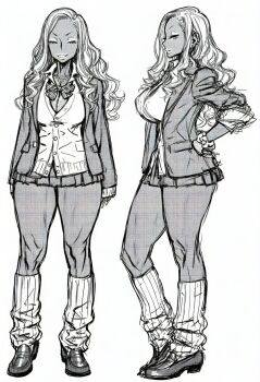 1girl aquaberrymarine ass bare_legs breasts curvy dark-skinned_female dark_skin full_body ganguro greyscale gyaru huge_ass long_hair looking_at_another microskirt monochrome multiple_views naughty_face original reference_sheet school_uniform shirt simple_background skirt smile socks wide_hips