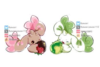 Rule 34 | :3, apple, blush, brown fur, closed eyes, commentary, digimon, digimon (creature), food, fruit, full body, green fur, horns, lopmon, one eye closed, open mouth, pink fur, single horn, strawberry, symbol-only commentary, terriermon, two-tone fur, watermark, youzaiyouzai112