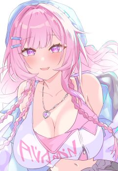 1girl absurdres blue_hat blue_jacket breasts cleavage clothes_writing commentary_request crop_top cyrene_(honkai:_star_rail) cyrene_(nylon_japan)_(honkai:_star_rail) cyrene_(ripples_of_past_reverie)_(honkai:_star_rail) diamond-shaped_pupils diamond_(shape) hat heart heart_necklace highres honkai:_star_rail honkai_(series) jacket jewelry large_breasts long_hair midriff navel necklace official_alternate_costume pink_hair purple_eyes smile solo symbol-shaped_pupils very_long_hair yu_ma_yun