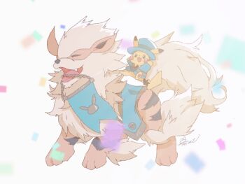 animal_focus arcanine arms_up banner clothed_pokemon commentary_request full_body gen_1_pokemon hat hosinyanko necktie nintendo no_humans open_mouth pikachu pokemon pokemon_(creature) riding riding_pokemon signature simple_background top_hat white_background