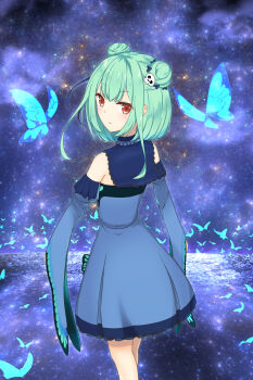 1girl absurdres blue_collar blue_dress blue_sleeves bug butterfly collar commentary_request detached_sleeves double_bun dress green_hair hair_bun highres hololive insect kurotsubaki9628 long_sleeves looking_at_viewer looking_back partial_commentary red_eyes short_dress short_hair solo uruha_rushia uruha_rushia_(1st_costume) virtual_youtuber