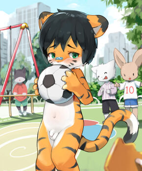 4boys animal_ears ball bandaid bandaid_on_face bandaid_on_nose black_hair blush building cat_boy cat_ears city day embarrassed exhibitionism facial_mark flaccid foreskin furry furry_male green_eyes highres holding holding_ball humiliation laughing male_focus multiple_boys navel nude original park penis playground pointing public_indecency rabbit_boy rabbit_ears short_hair shorts shota soccer_ball swing_set tail testicles tiger_boy tiger_ears tiger_tail tree uncensored yupa_(notebook14)