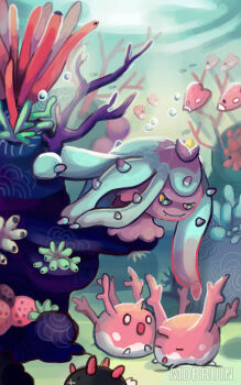 Rule 34 | air bubble, artist name, blue eyes, bubble, closed eyes, colored sclera, coral, coral reef, corsola, fangs, gen 2 pokemon, gen 3 pokemon, gen 7 pokemon, highres, luvdisc, mareanie, mdbruin, nintendo, no humans, open mouth, pokemon, pokemon (creature), pyukumuku, spikes, underwater, yellow sclera