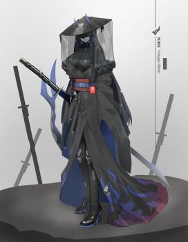 1girl black_bodysuit black_boots black_hair black_hat black_kimono blindfold_mask bodysuit bodysuit_under_clothes boots breasts closed_mouth commentary covered_eyes english_commentary full_body grey_background hat headwear_request highres horns horns_through_headwear japanese_clothes kimono kimono_partially_removed large_breasts long_hair mask multiple_swords nina_katsuragi nishizuu original red_sash sash solo standing sword thigh_boots weapon