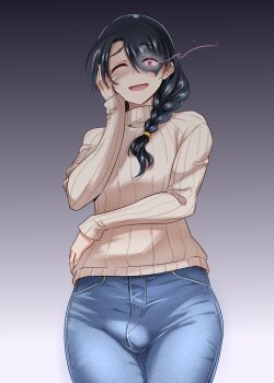 1boy black_hair braid bulge denim eye_trail facing_viewer feminization flying_sweatdrops gradient_background grey_background hair_over_one_eye light_trail long_hair long_sleeves low_side_ponytail male_focus nanamatsu_kenji red_eyes ribbed_sweater smile solo standing strikeout_pitch sweater trap tsuyuki_rin